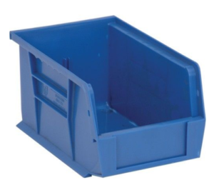 close up image of a blue stack and hang bin