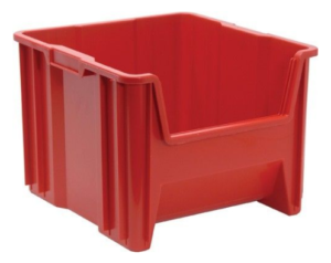 close up image of a red heavy duty hopper bin bin