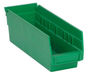close up image of a green shelf bin
